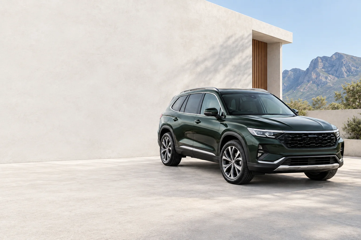 Illustrative green SUV in a bright courtyard with South African mountains beyond